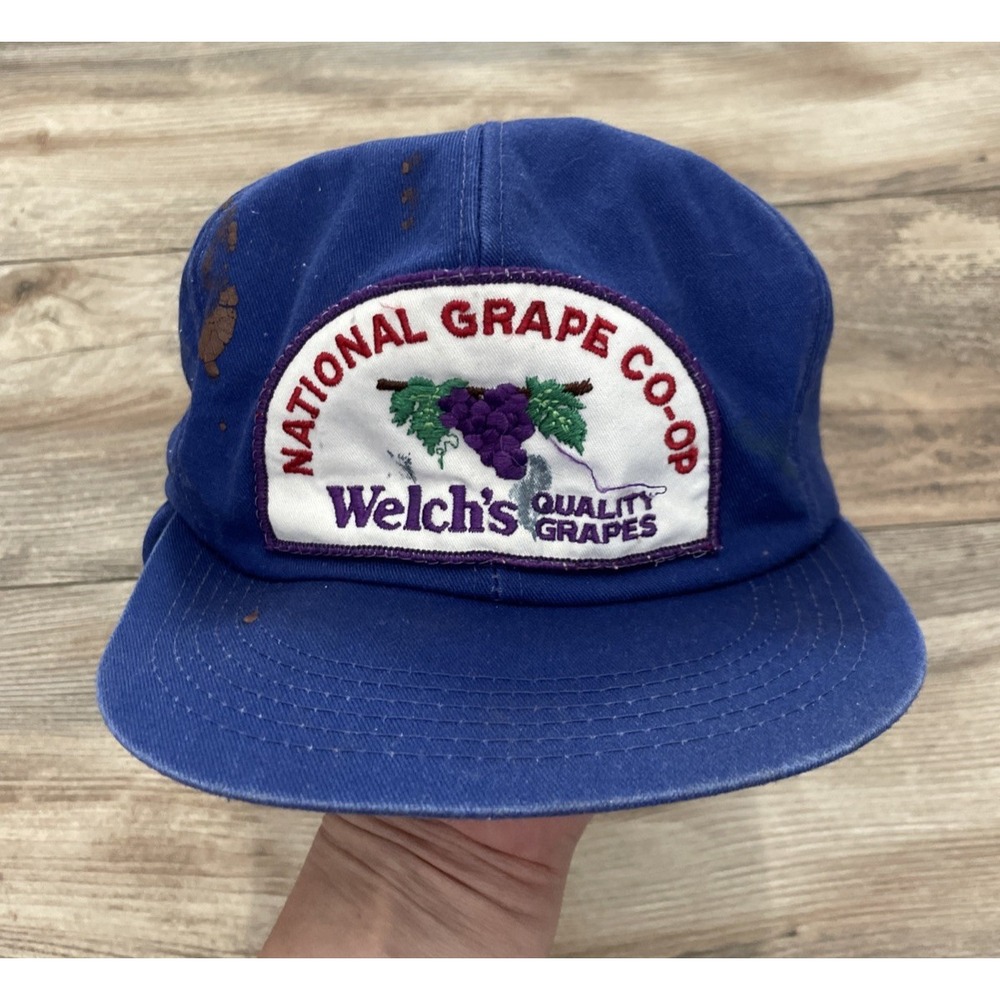 Vintage Welch's National Grape Co-op Farming Hat Ear Covers K-Products USA Blue